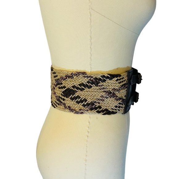 All Saints Wide Woven Jute & Leather Belt Brown Beige Double Buckle sz S/M EUC! - Picture 3 of 4